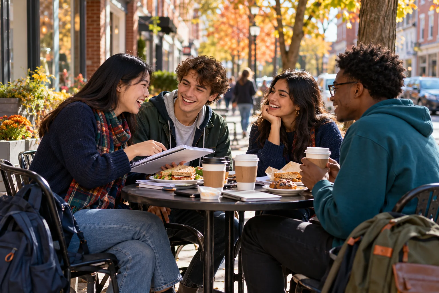 Scena illustrativa di studenti universitari che condividono un pranzo e nuove idee