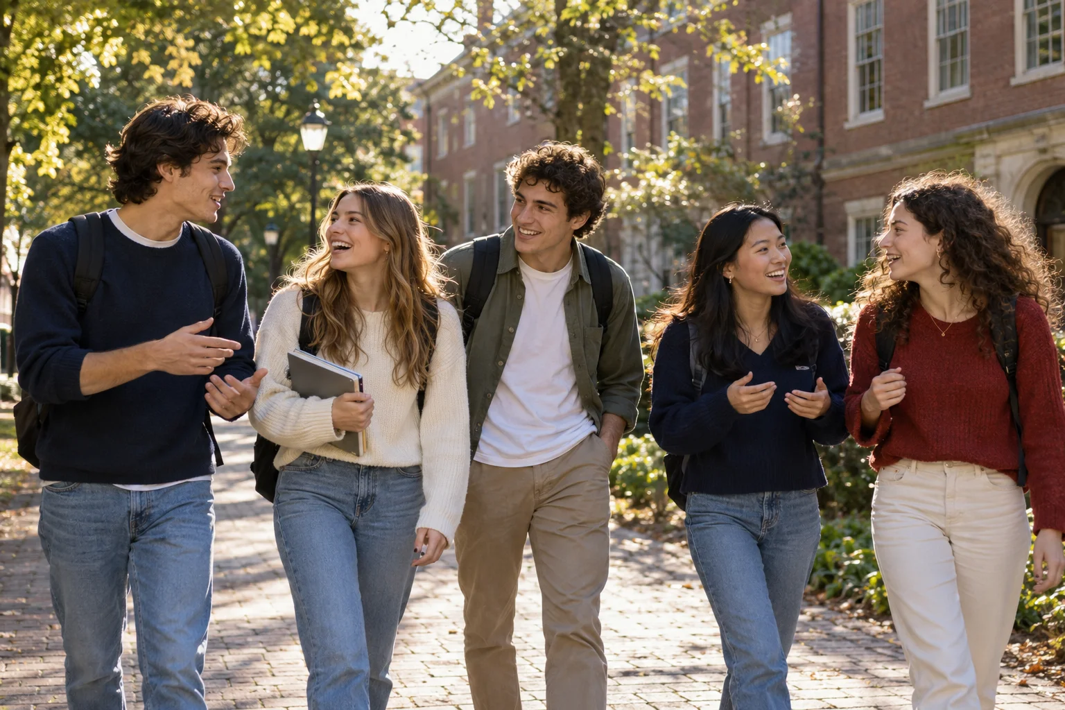 Scena illustrativa di studenti universitari internazionali che conversano in un campus del New England